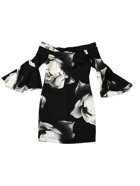 VENUS Off the Shoulder Black & White Floral Bell-Sleeve Dress